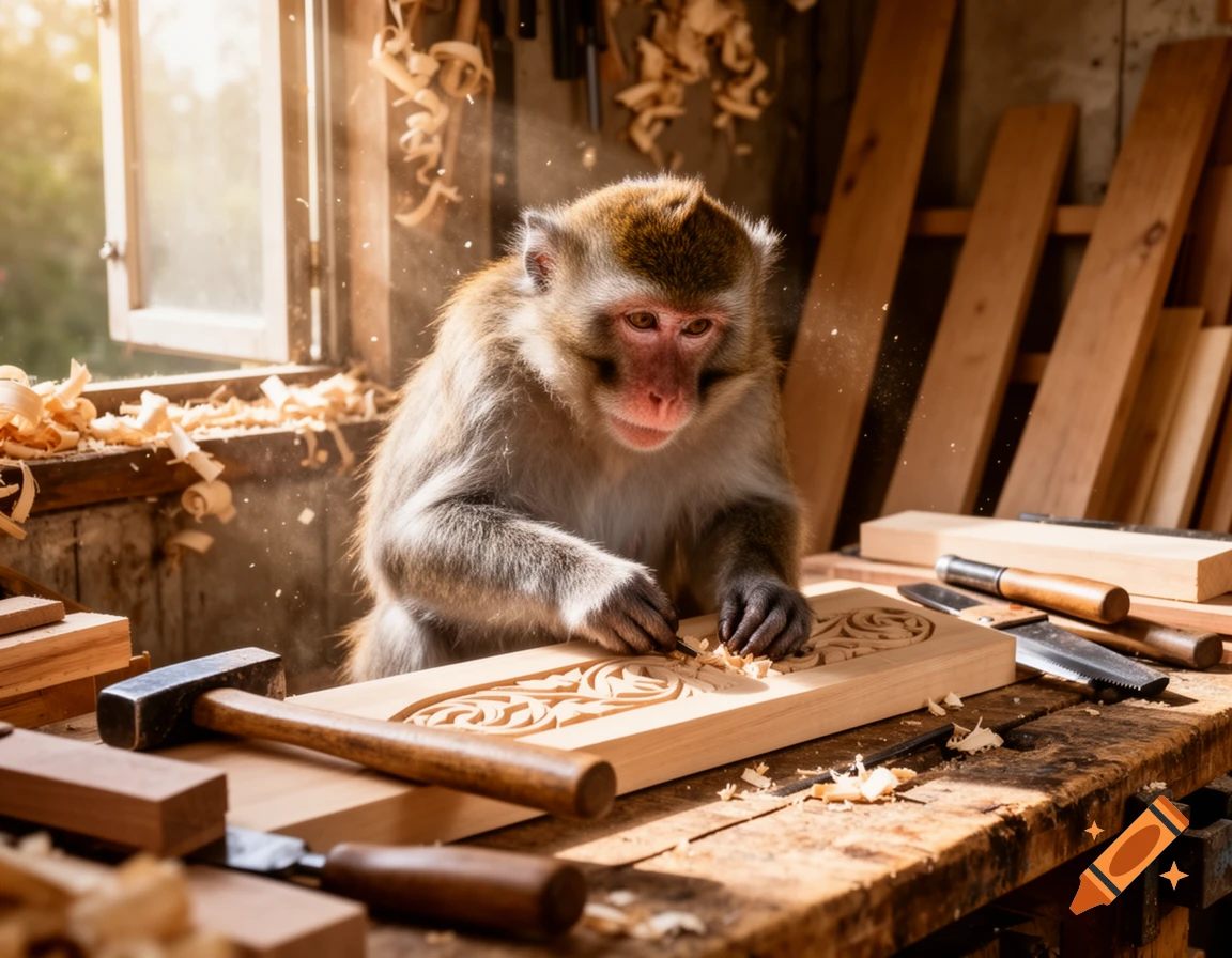 A photorealistic image of a monkey meticulously carving wood in a sunlit workshop, surrounded by tools and wood shavings.