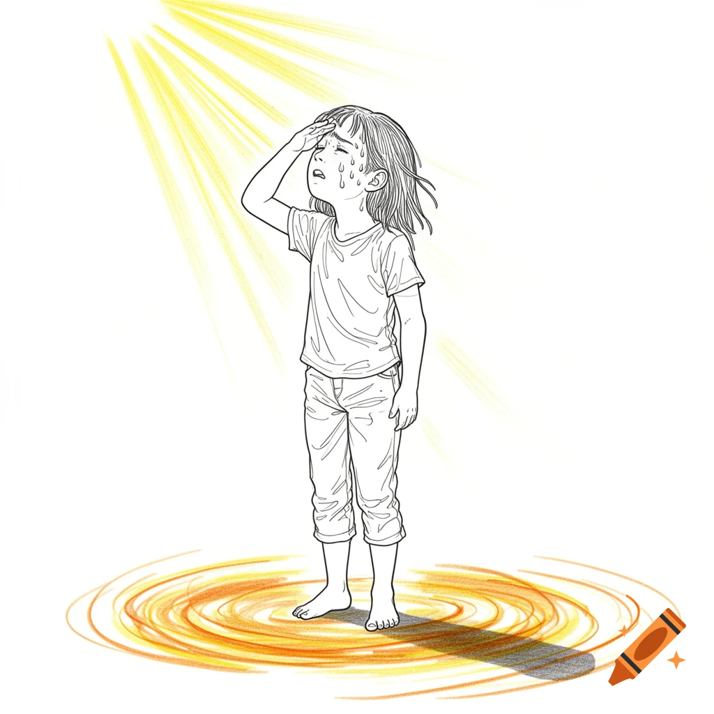 Line drawing of a young girl wiping sweat from her brow under strong sun rays, standing in an orange heat haze.