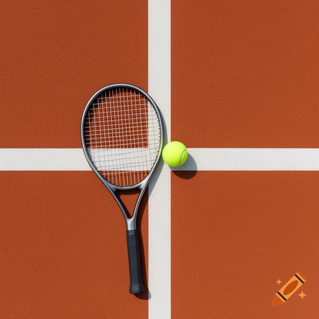 An overhead view of a tennis racket and a tennis ball lying on a red clay court with white lines.