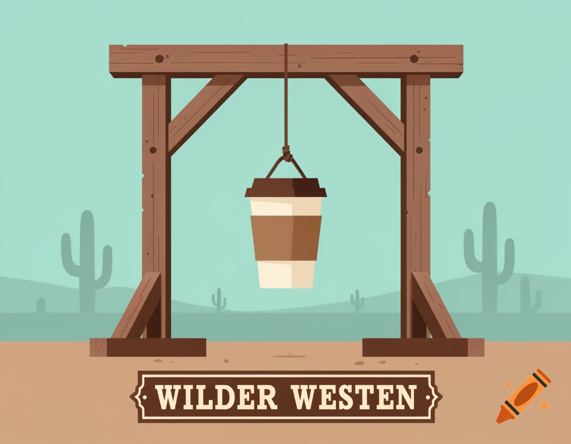 A cartoon illustration of a gallows with a coffee cup hanging from it in a desert landscape with cacti and a sign reading 'WILDER WESTEN'.