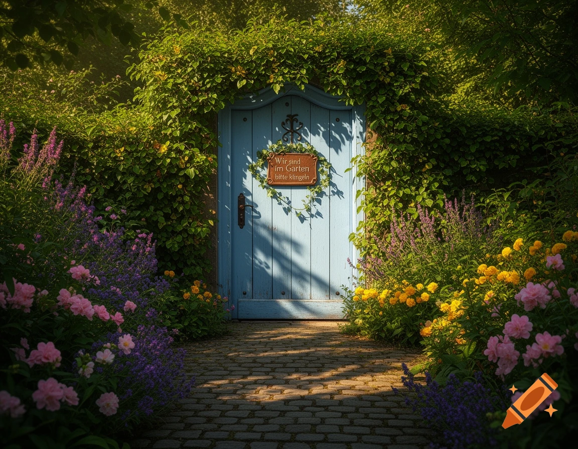 A vibrant garden path leads to a blue wooden gate covered in ivy, surrounded by colorful flowers in a sunlit scene.
