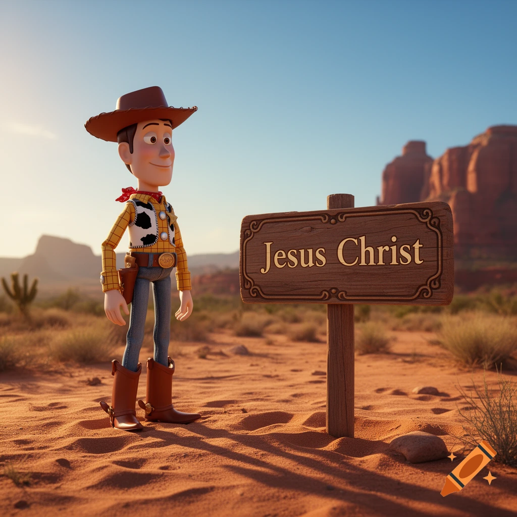 Woody from Toy Story stands in a desert landscape next to a wooden sign reading 'Jesus Christ'.
