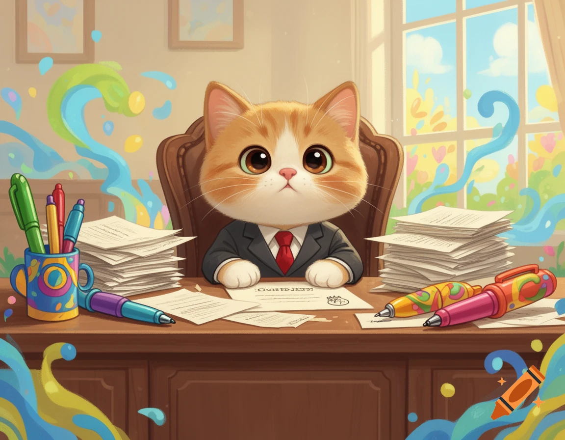 Cute cartoon ginger and white cat president in a suit at a desk filled with papers and colorful pens.