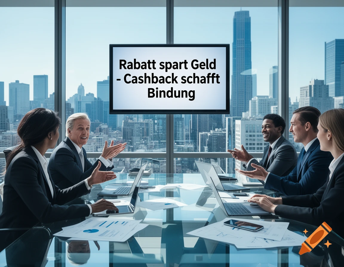 Diverse business professionals in a skyscraper conference room discussing, with a screen displaying 'Rabatt spart Geld - Cashback schafft Bindung'.