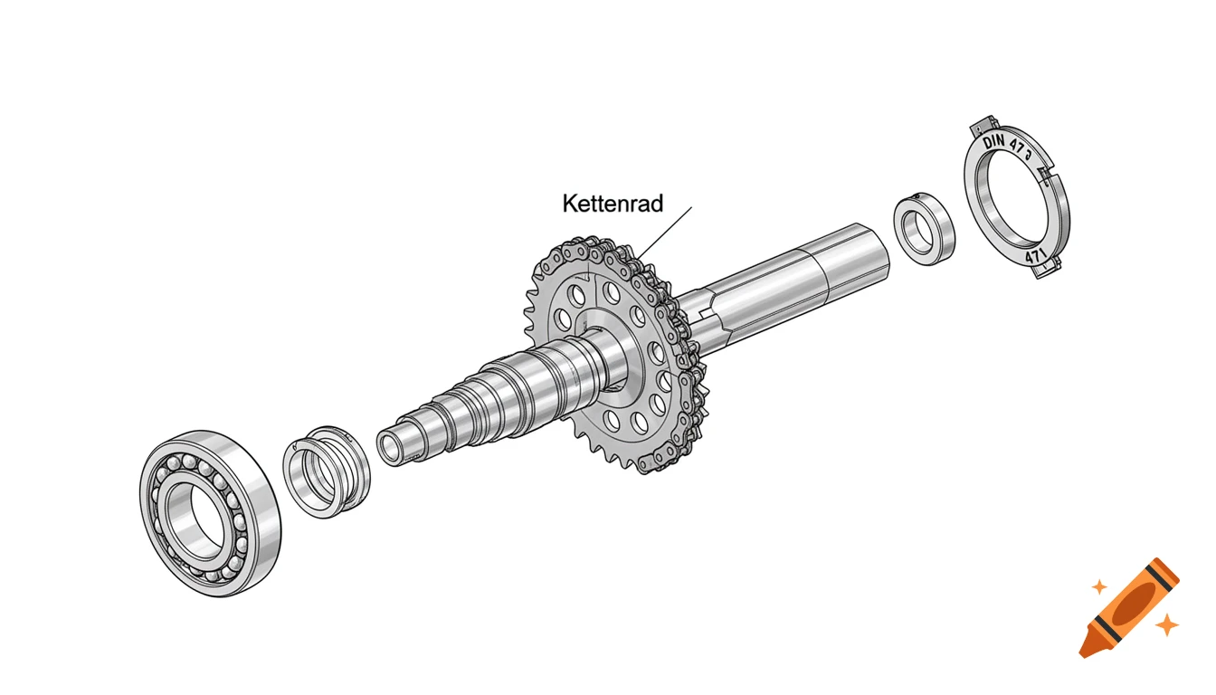 Exploded view technical illustration of a shaft assembly: drive shaft, ball bearing, sprocket, and retaining ring, fine line art.
