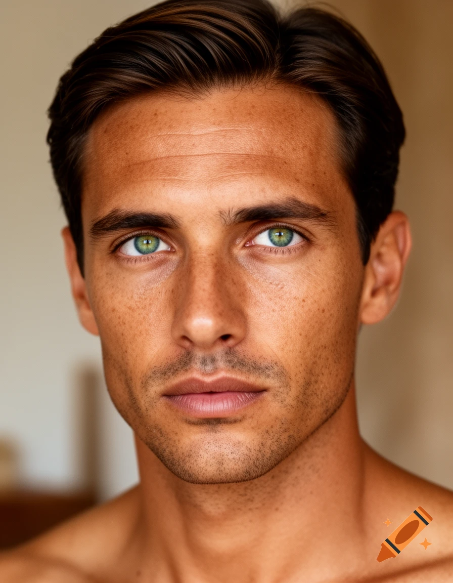 Close-up photorealistic portrait of a tan-skinned man with dark brown hair, subtle stubble, and striking green-blue eyes.