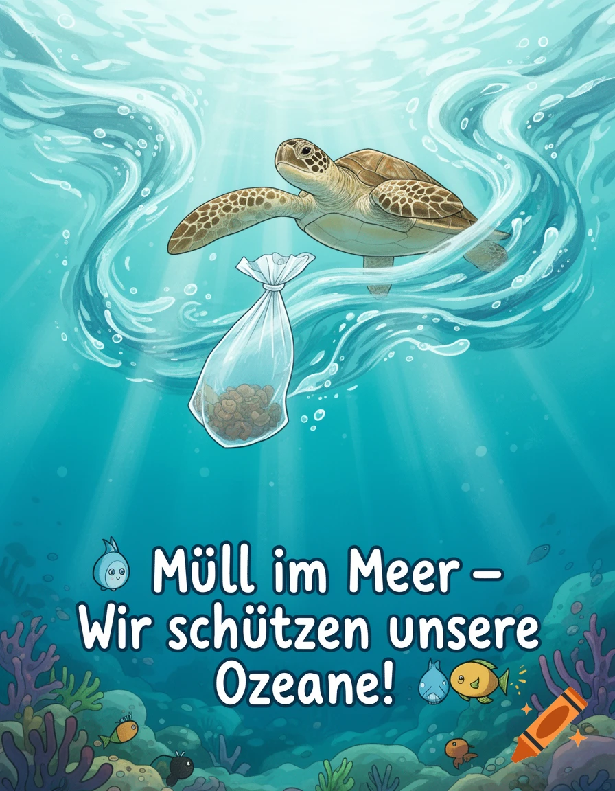 Cartoon poster of a sea turtle swimming near a plastic bag of trash in the ocean, with German text Müll im Meer - Wir schützen unsere Ozeane!