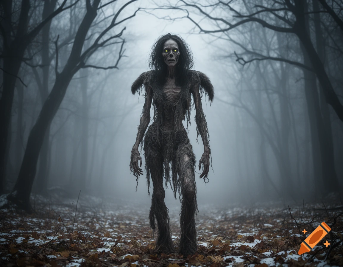 A gaunt, monstrous wendigo with glowing yellow eyes stands in a foggy, dark forest with bare trees and scattered leaves and snow.