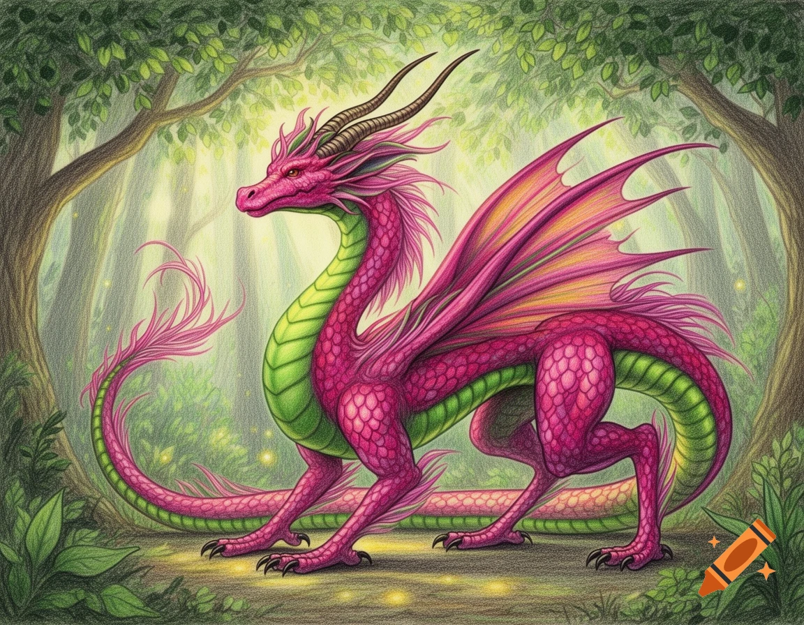 A vibrant magenta and green dragon with slender body and horns stands in an enchanted forest, rendered in a color pencil illustration style.