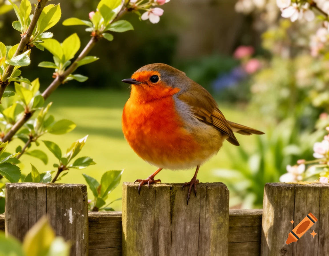 A photorealistic robin with a bright orange breast perched on a wooden fence post in a sunny garden.