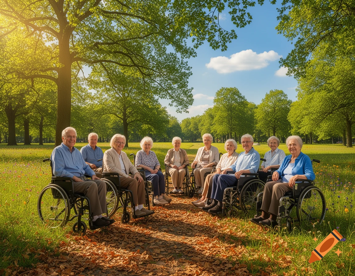 A group of smiling seniors in wheelchairs sit together on a sunlit path in a lush green park.