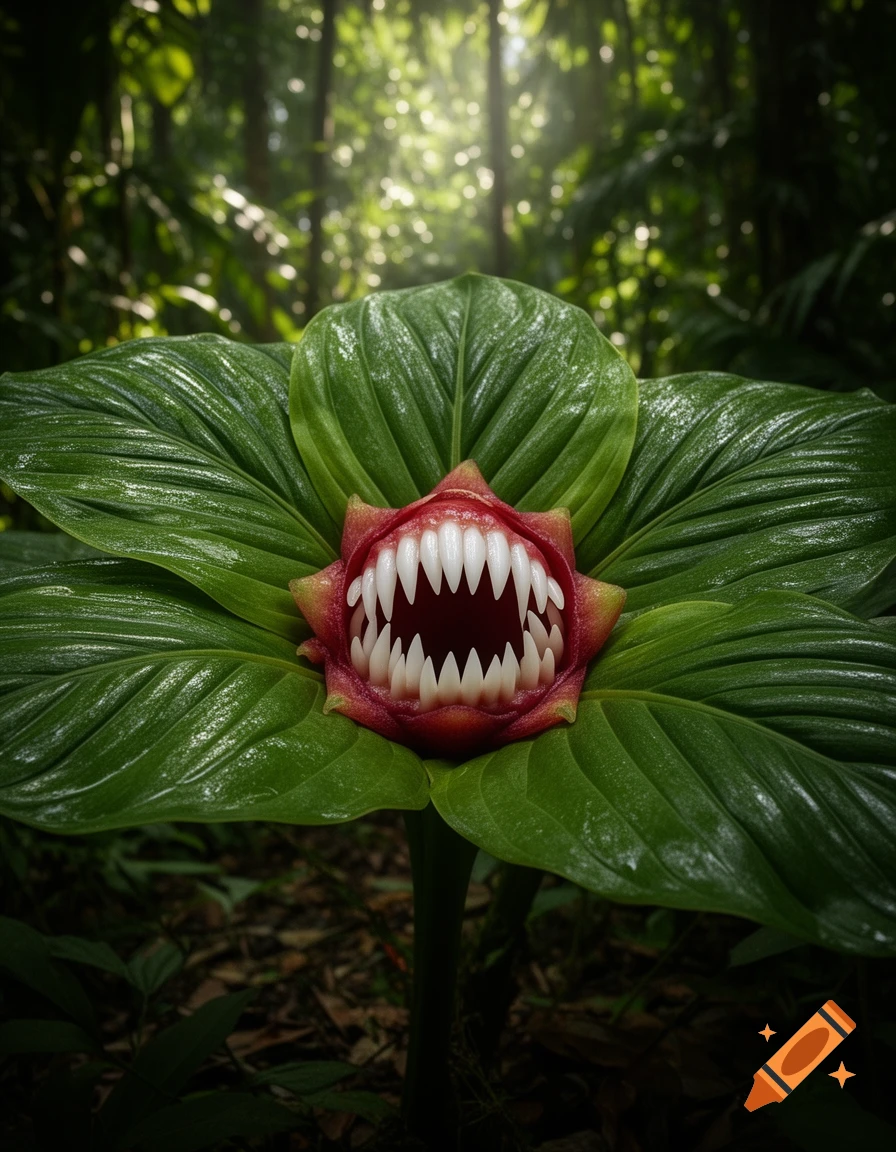 A photorealistic image of a red monster plant with sharp white teeth, surrounded by large green leaves in a dark jungle.