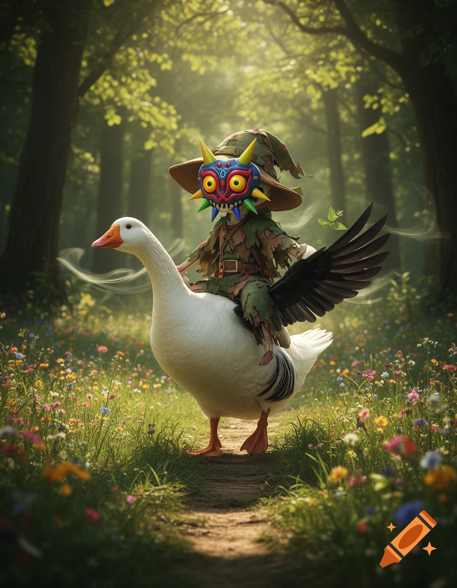 Skull Kid in Majora's Mask rides a white goose through a sunlit, wildflower-filled forest path, vibrant fantasy style.