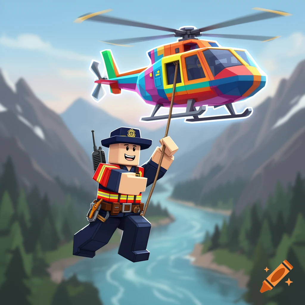 Roblox-style game icon of a rescue worker descending from a colorful helicopter over a mountainous river.
