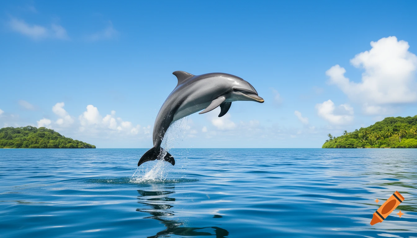 A photorealistic image of a dolphin gracefully leaping out of the sparkling blue ocean, with lush green islands in the background under a clear sky.