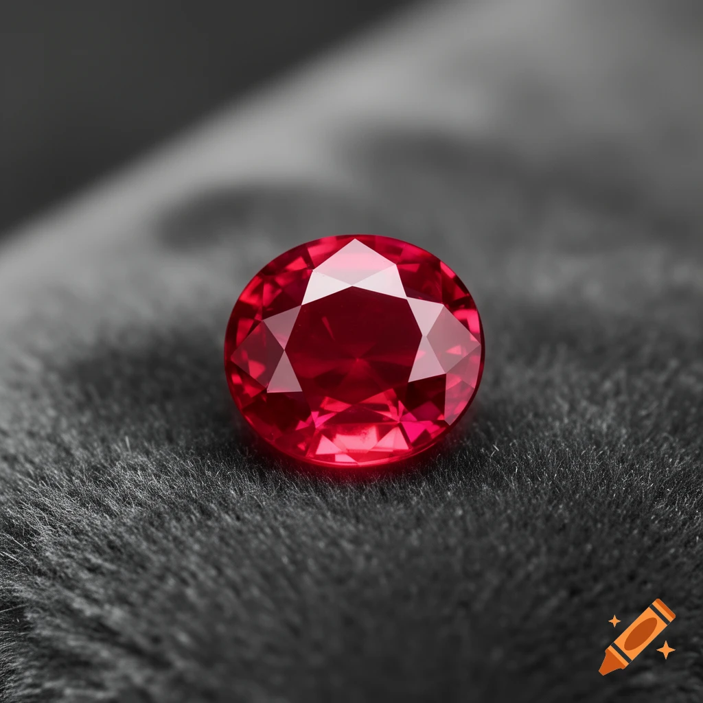 A brilliant red faceted ruby gemstone resting on a dark, textured surface, captured in a close-up, photorealistic style.