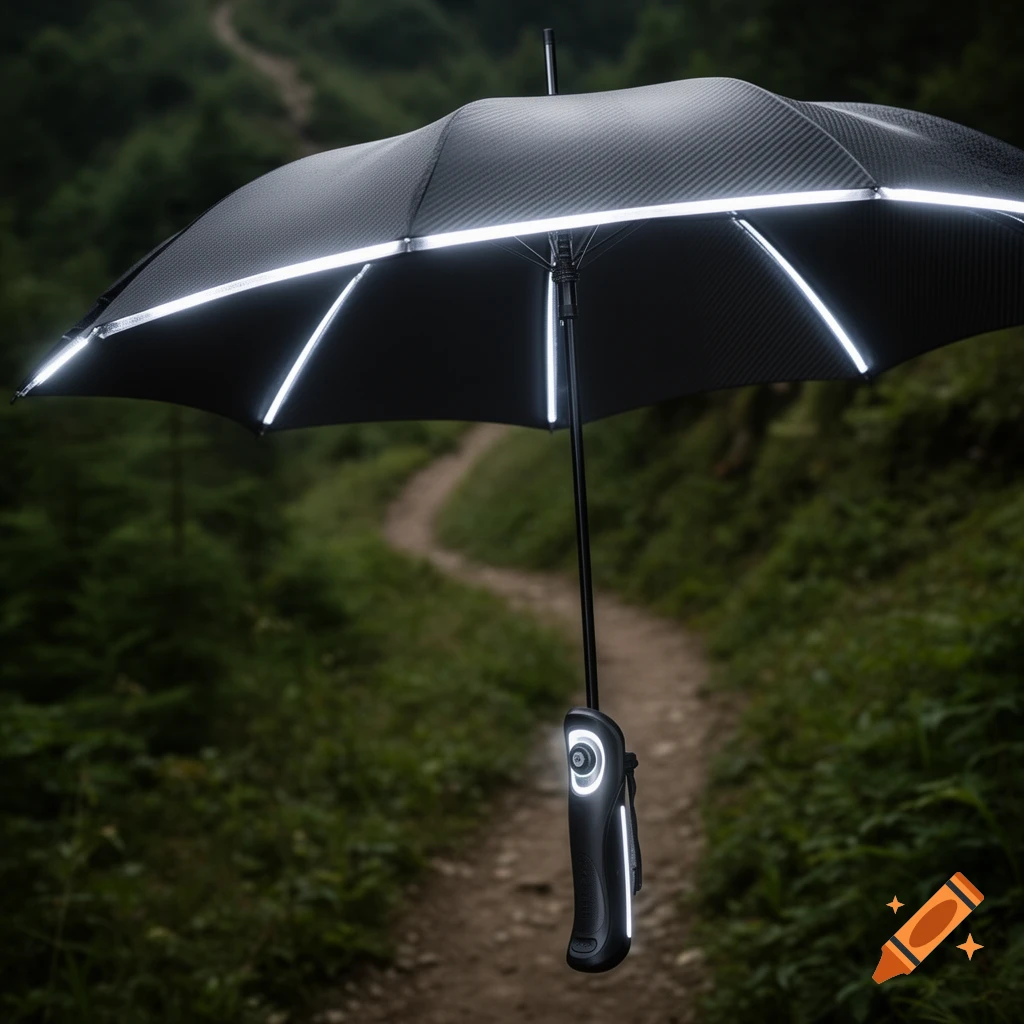 A black carbon fiber umbrella with integrated white LED lights stands on a winding dirt path through green foliage.