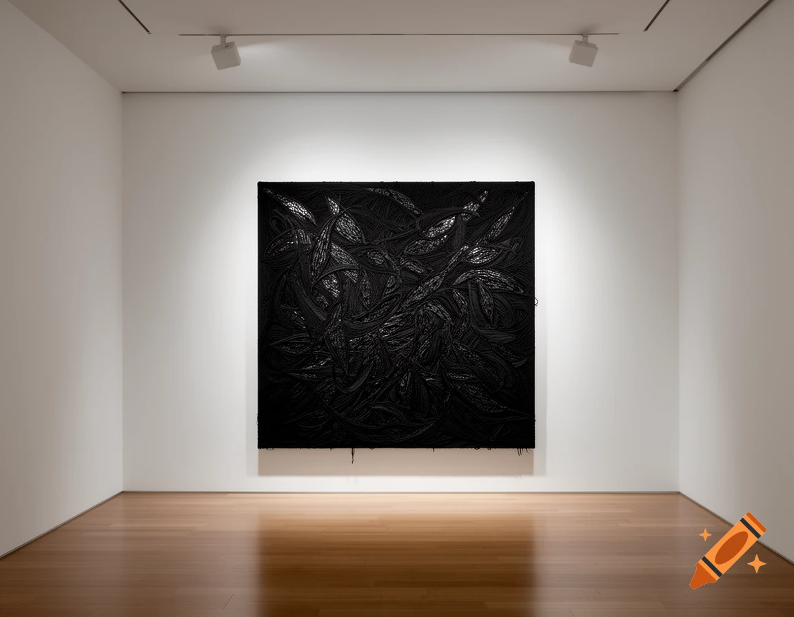 A large black abstract art piece with intricate, textured patterns hangs centrally on a white wall in a modern art gallery with a wooden floor.