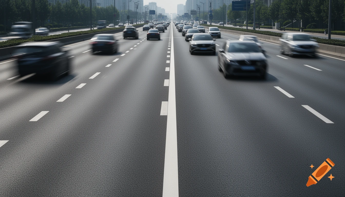A busy highway with blurred cars in motion, featuring clear white lane markings and distant city buildings.