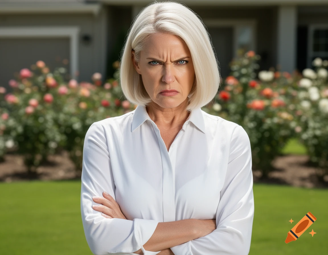 A photorealistic portrait of an angry, pale woman with short blonde hair and a white shirt, arms crossed, in a suburban front yard.