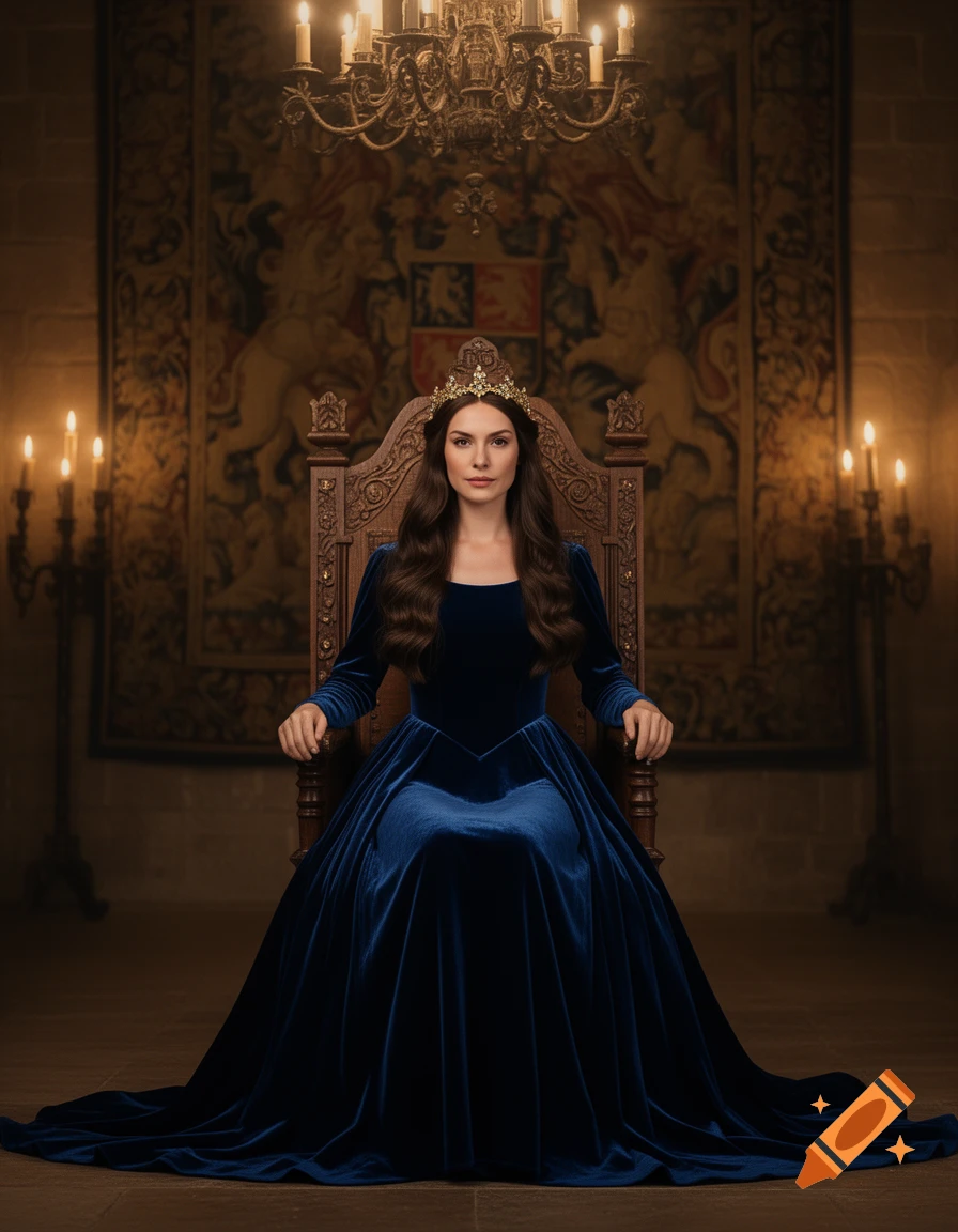 A princess with long dark hair, wearing a blue velvet gown and golden crown, seated on an ornate throne in a grand hall.