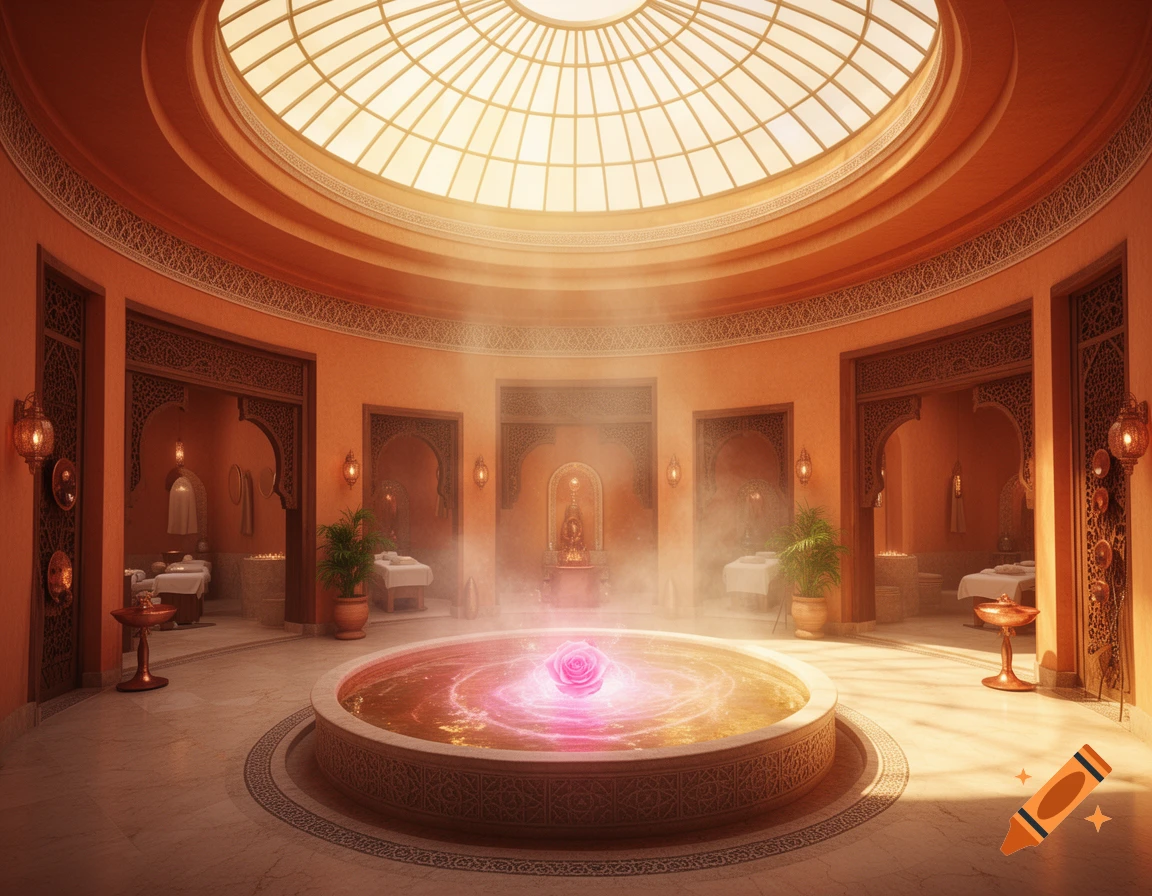 A luxurious Moroccan-inspired spa with circular architecture, a central glowing ritual pool emitting steam, and warm golden light.