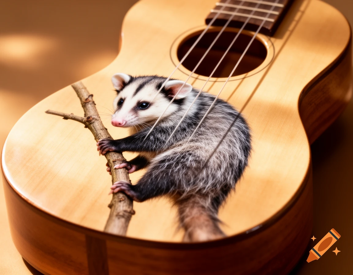 A small possum with black and white fur climbing a wooden branch on the body of a light brown ukulele, set against a warm background.