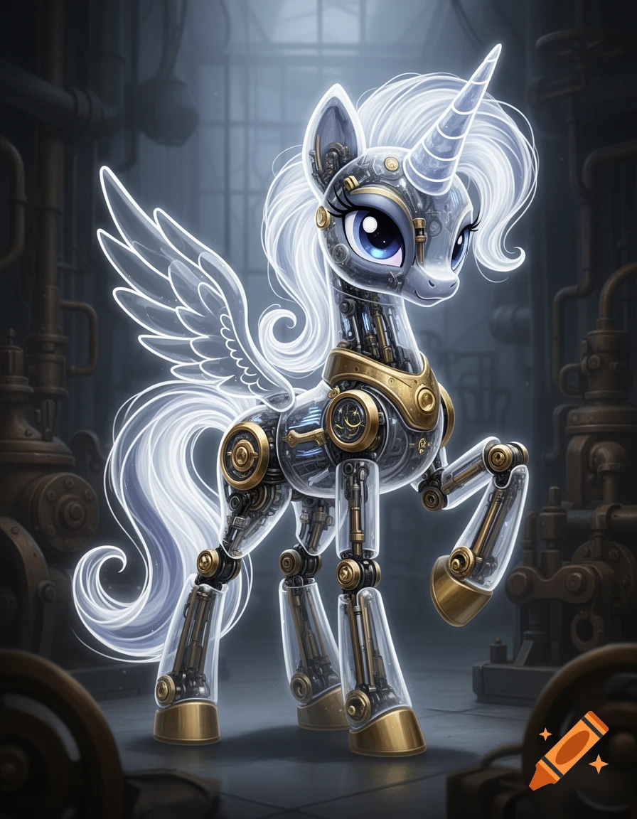 A detailed steampunk robot unicorn with a transparent body, glowing white mane, tail, and wings, and gold accents in an industrial setting.