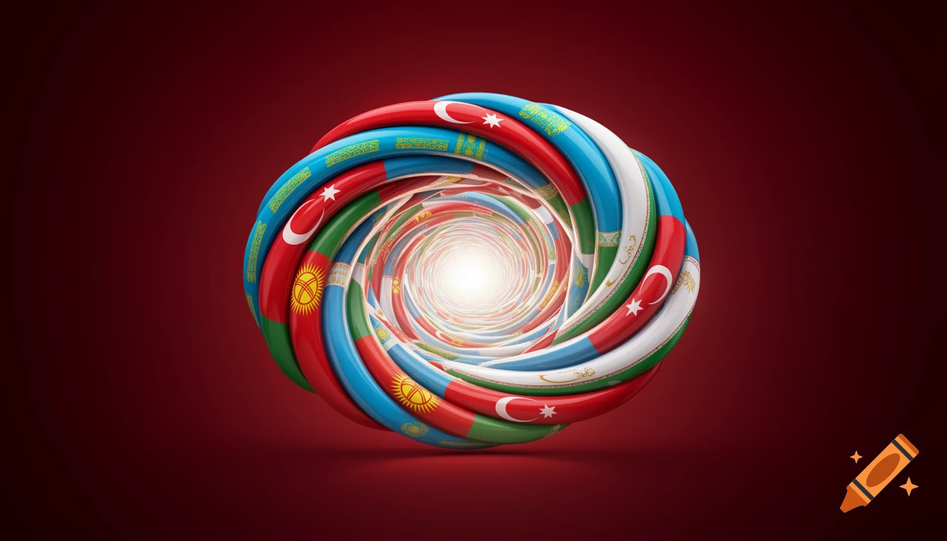 A shiny, swirling vortex of flag-colored bands from Turkey, Azerbaijan, Kazakhstan, Uzbekistan, Turkmenistan, and Kyrgyzstan, glowing in the center against a dark red background.