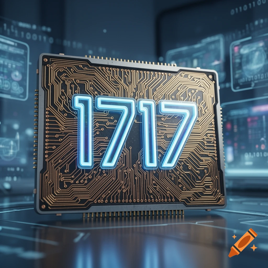 A close-up view of a futuristic circuit board with glowing blue numbers '1717' etched onto it, against a blurred digital background.