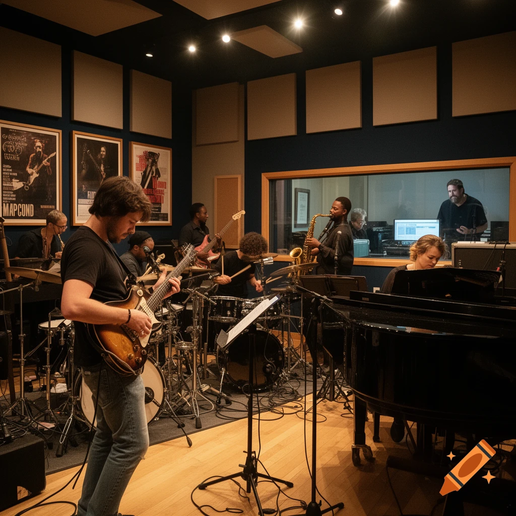 A diverse group of musicians rehearses in a recording studio, playing guitar, saxophone, drums, bass, and piano in a photorealistic style.