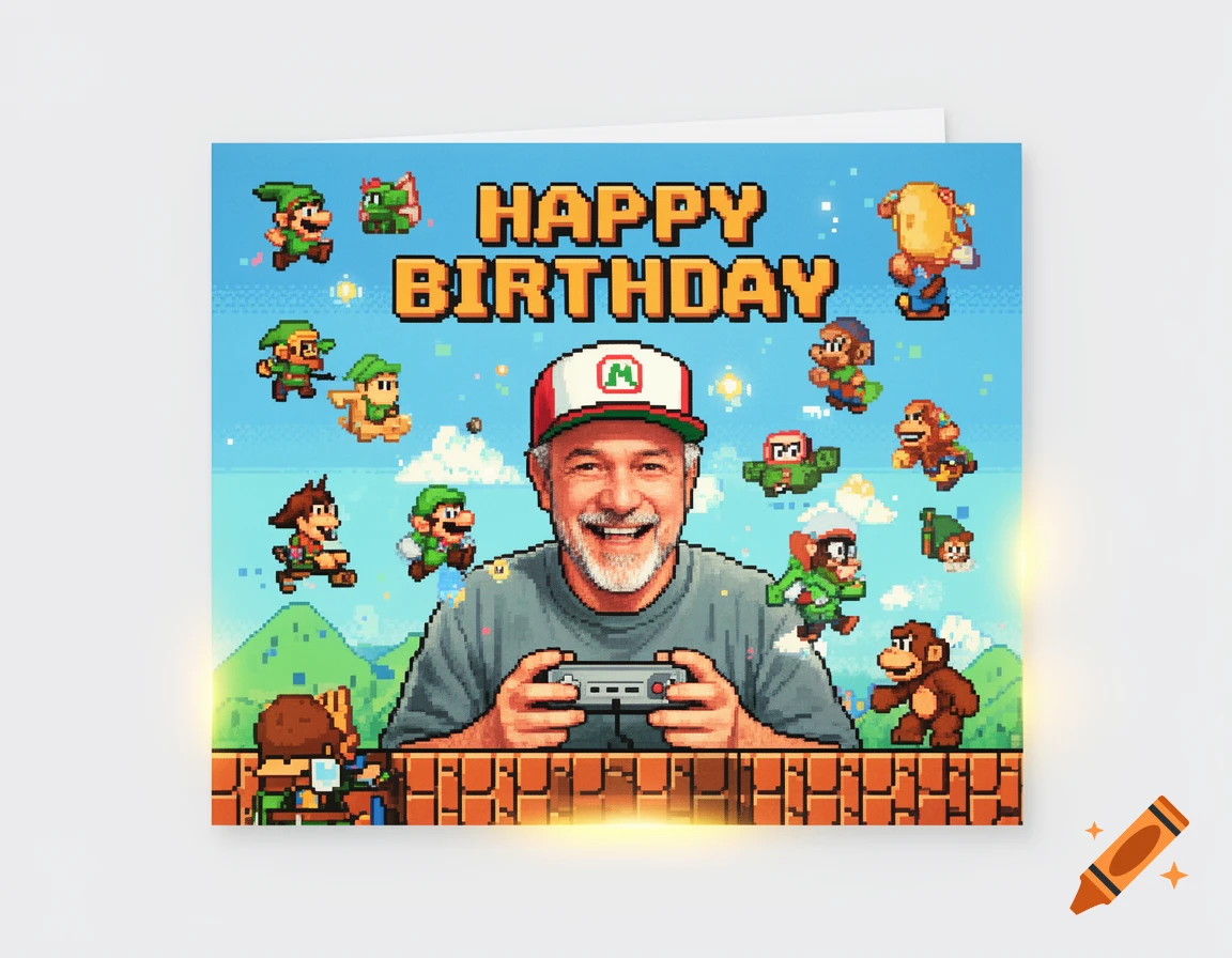 A birthday card featuring a smiling man playing retro video games on a pixel art background with various classic characters.