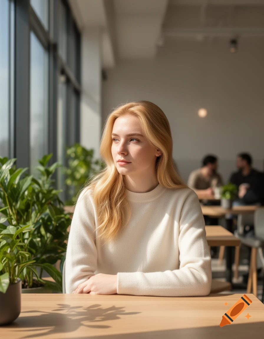 A young blonde woman in a white sweater sits thoughtfully at a wooden table in a sunlit cafe.