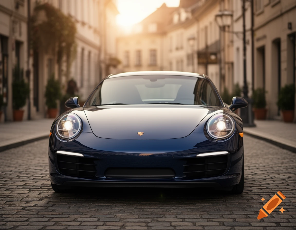 A dark blue Porsche 911 sports car is parked on a cobblestone street in a sunny, blurred city setting, front view, photorealistic.