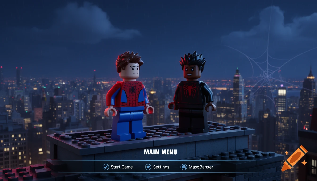 LEGO Spider-Man game menu with Peter Parker and Miles Morales on a rooftop overlooking a night city.
