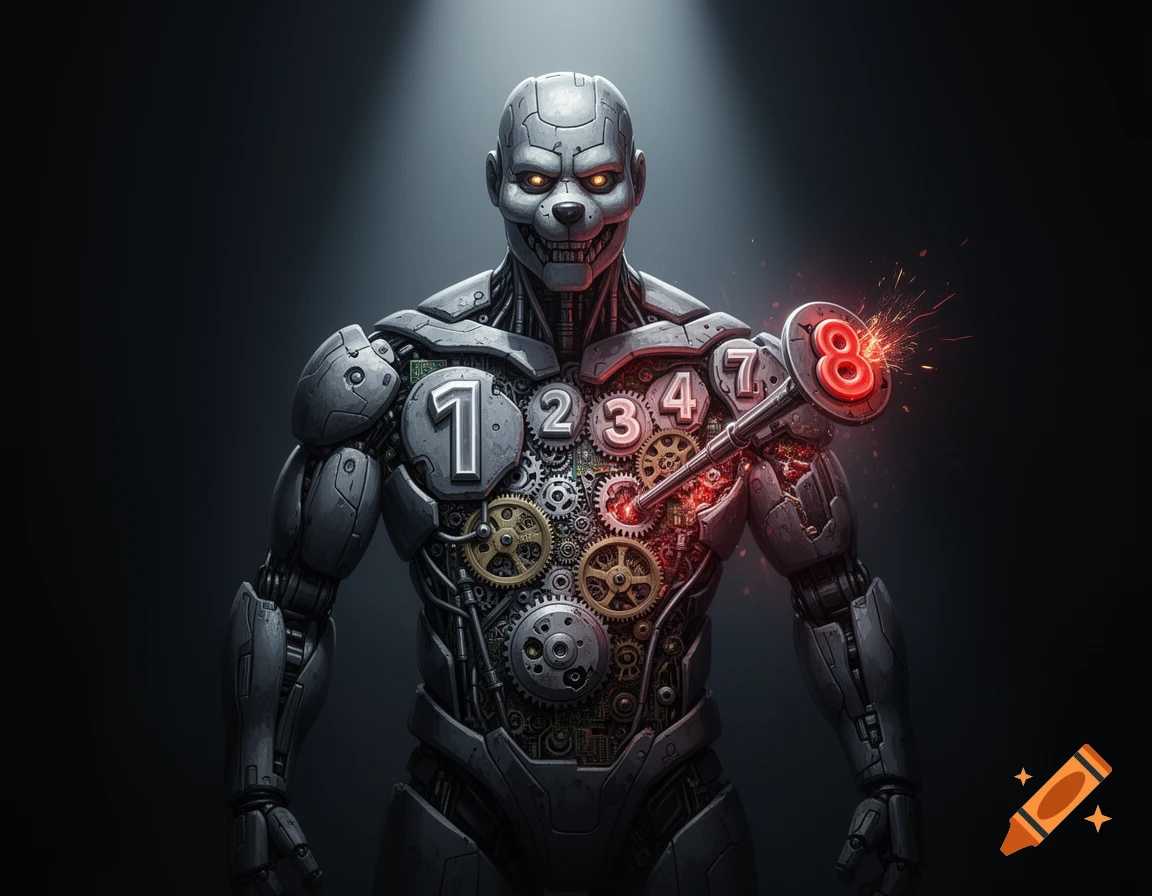 A menacing robot with glowing eyes and an exposed chest full of gears and circuit boards. Numbers 1, 2, 3, 4, 7, and a prominent red 8 are visible, with sparks around the 8.