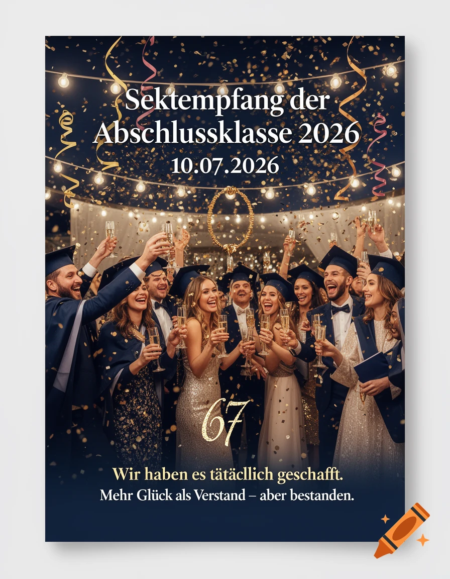 A vibrant event poster for a graduation reception, featuring a group of happy graduates in caps and gowns toasting with champagne under confetti and string lights. Text reads "Sektempfang der Abschlussklasse 2026" and "Wir haben es tatsächlich geschafft. Mehr Glück als Verstand - aber bestanden." with the number 67.