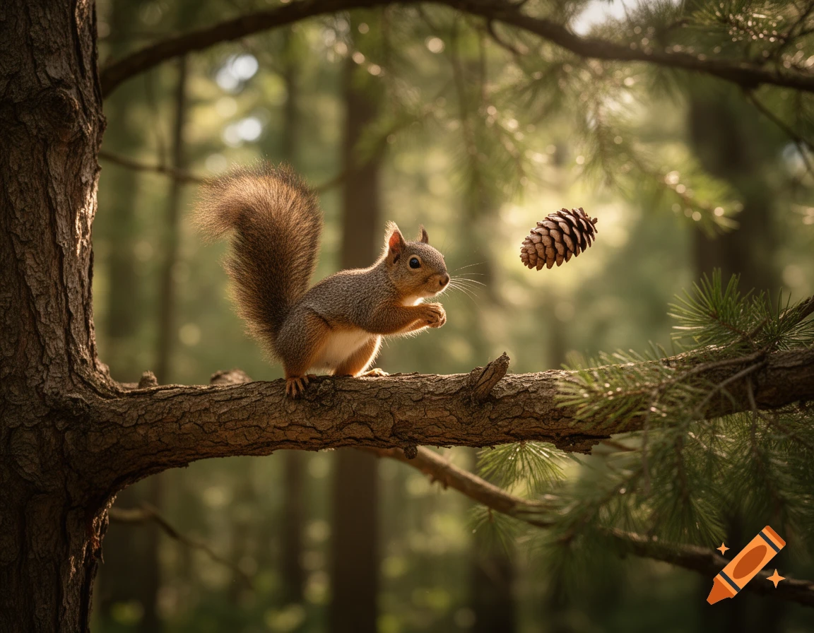 A photorealistic image of a squirrel on a tree branch looking at a floating pine cone in a sunlit forest.