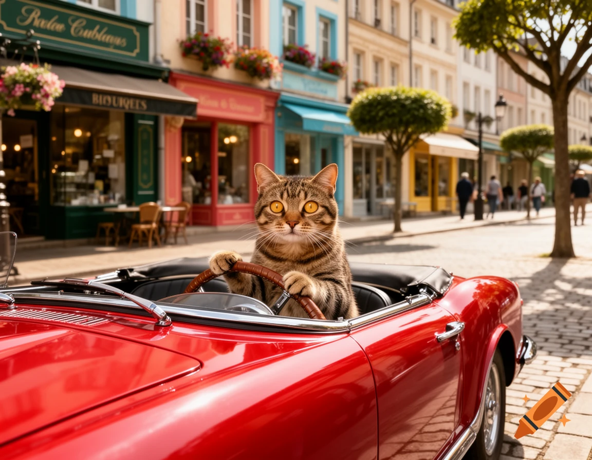 A photorealistic tabby cat with wide eyes drives a red convertible car down a cobblestone street lined with colorful European buildings.