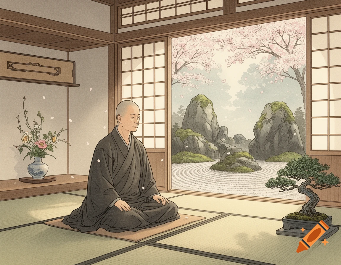 Zen monk meditating in a traditional Japanese temple, overlooking a rock garden with raked gravel and cherry blossoms, in classic Japanese art style.