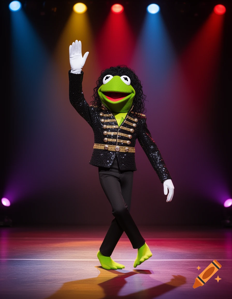 Kermit the Frog dressed as Michael Jackson in a sequined jacket and wig, striking a dance pose on a stage with colorful spotlights.
