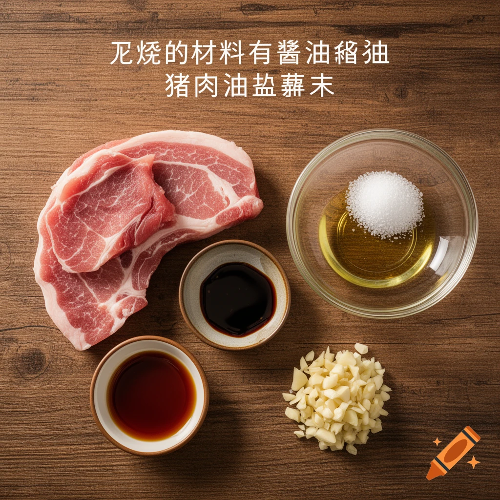 Overhead shot of char siu ingredients: raw pork, soy sauce, oyster sauce, oil, salt, and minced garlic on a wooden table.