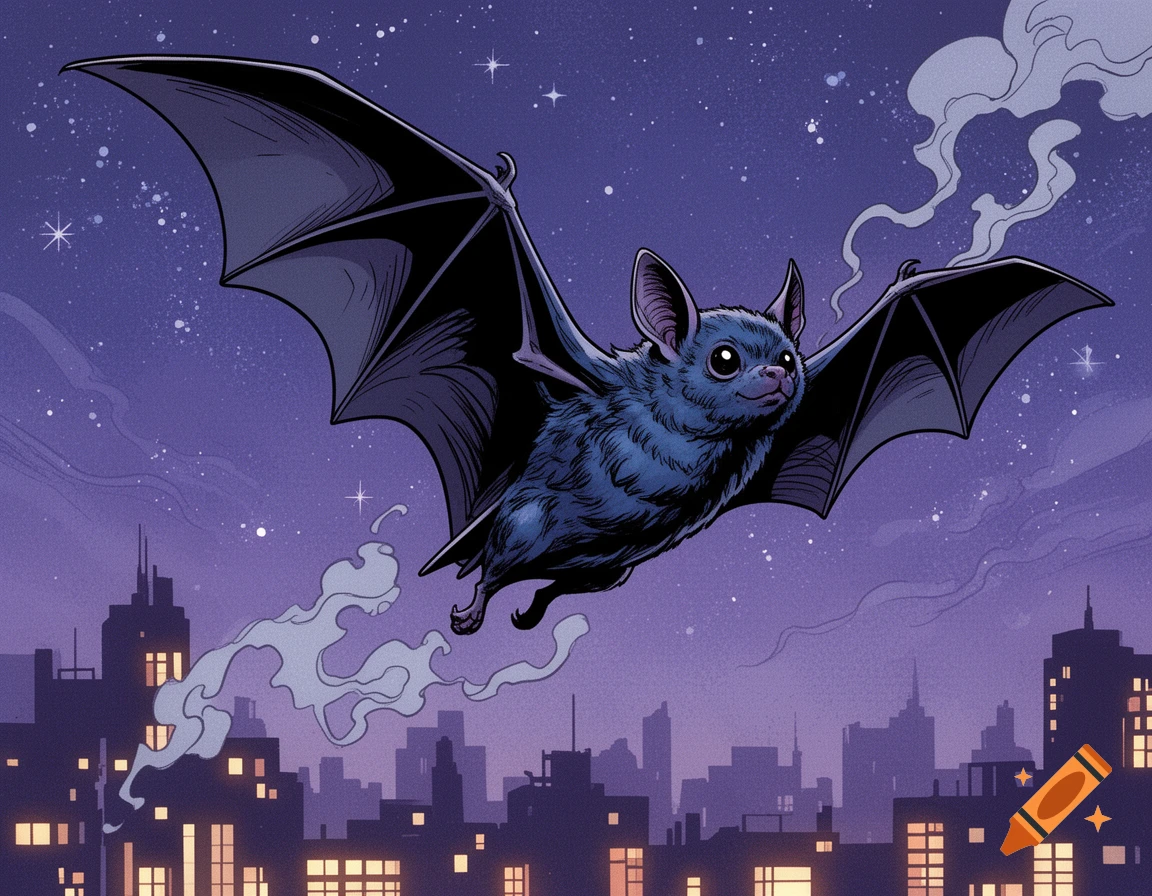 A cute, blue comic-style bat flies through a starry purple night sky over a silhouetted city.