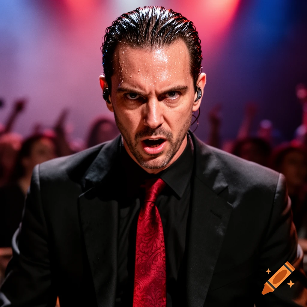 Close-up of a sweating male performer in a black suit and red tie, with an intense expression, on a dimly lit stage with a blurry audience.