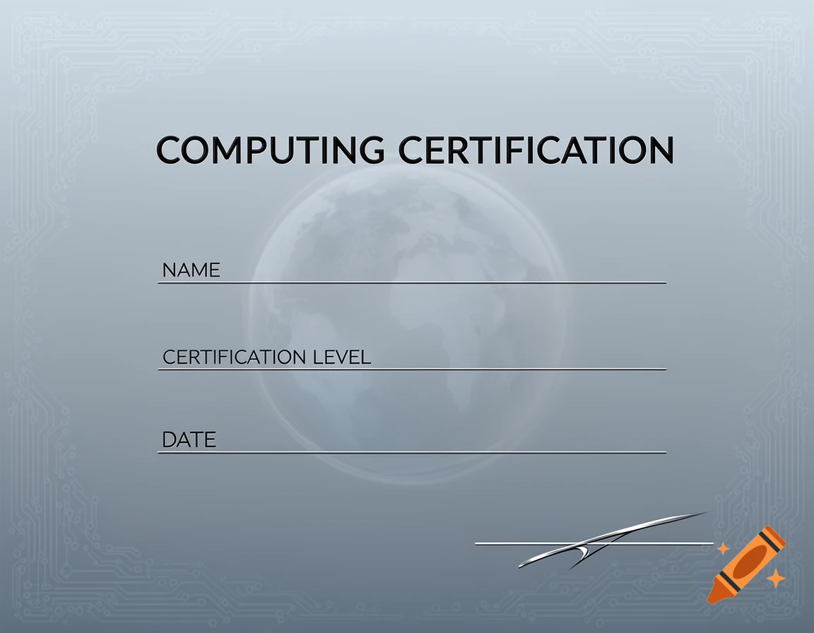 A gray computing certification template with a subtle globe and circuit board background, featuring text fields for name, certification level, and date.