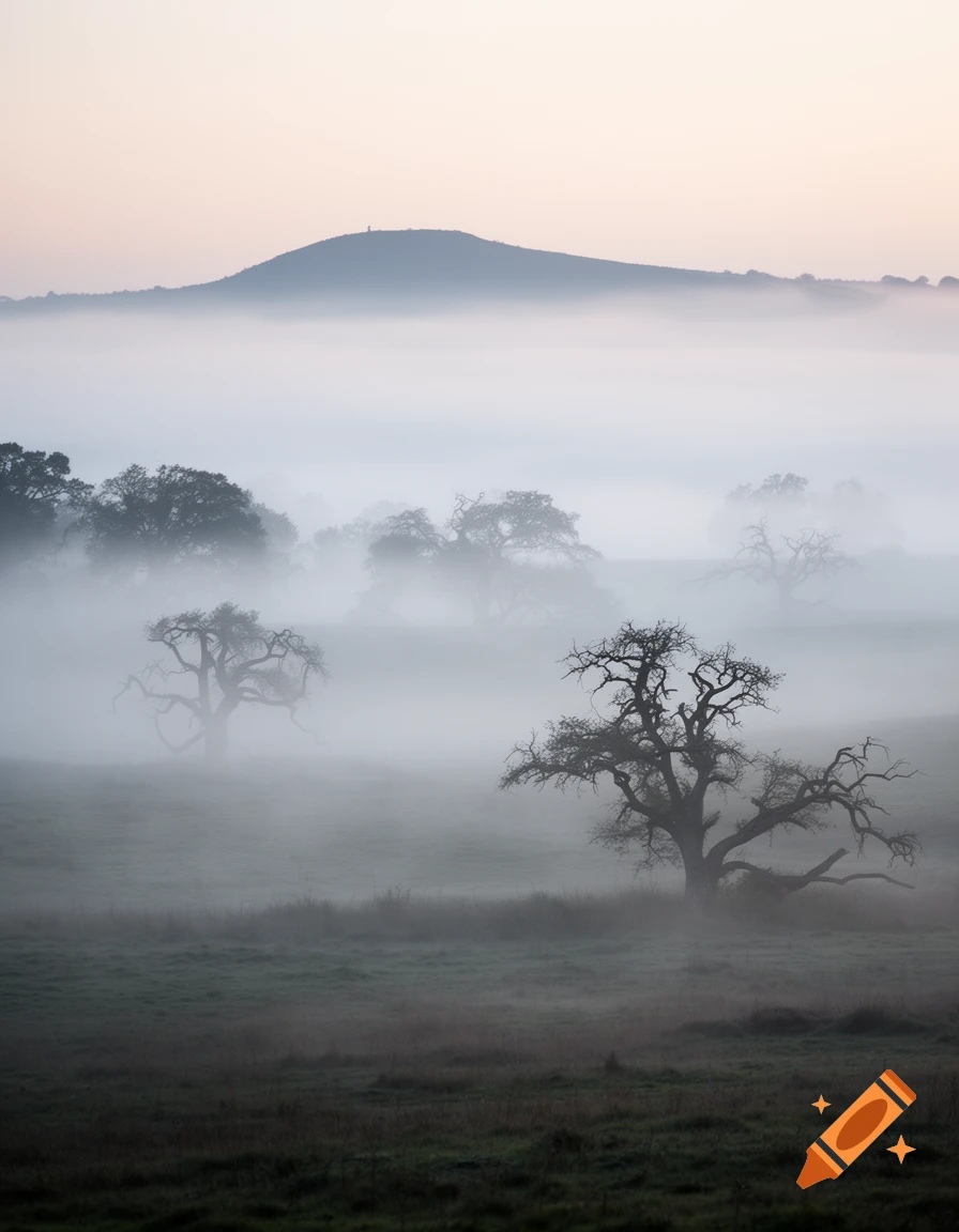 A serene, misty landscape with silhouetted trees partially obscured by thick fog, and a distant mountain under a pale sky.