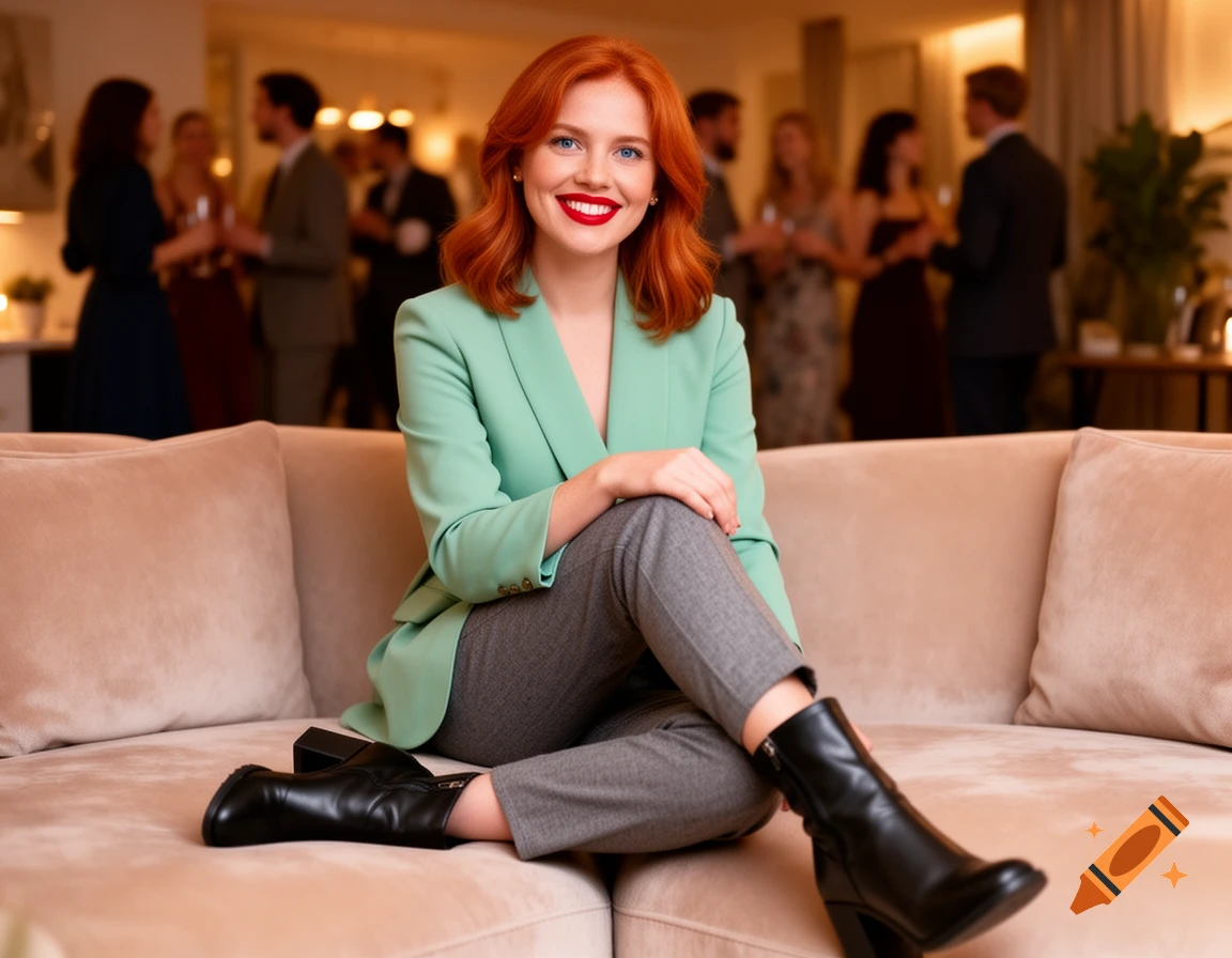 Smiling red-haired woman in a sea green jacket, grey trousers, and black boots sits on a couch at a house party, photorealistic.