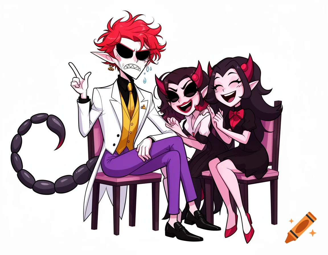 A stylized cartoon of a scowling male scorpion demon with red hair and a white suit, sitting next to two laughing female demons with black hair and horns.