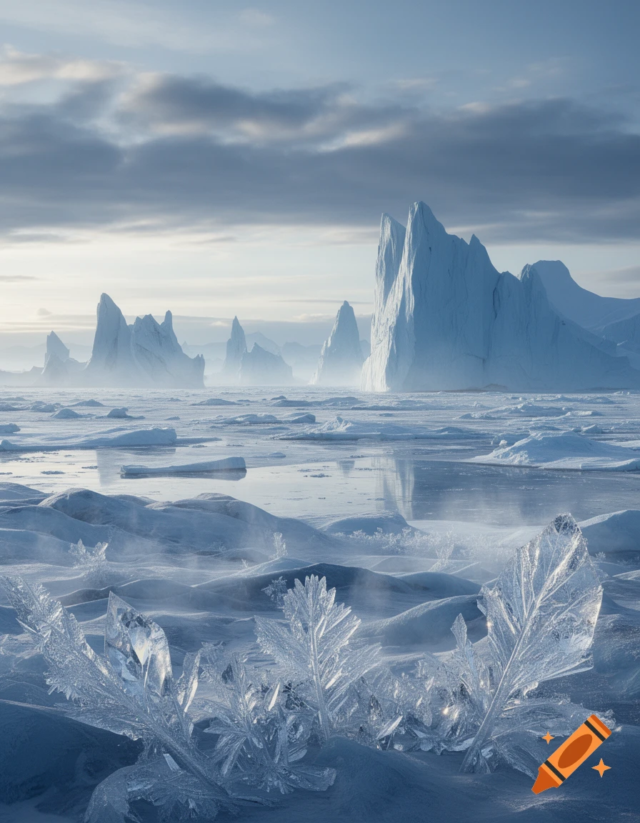 A photorealistic icy landscape features towering icebergs in the distance and detailed frost crystals in the foreground on a frozen plain under a cloudy sky.