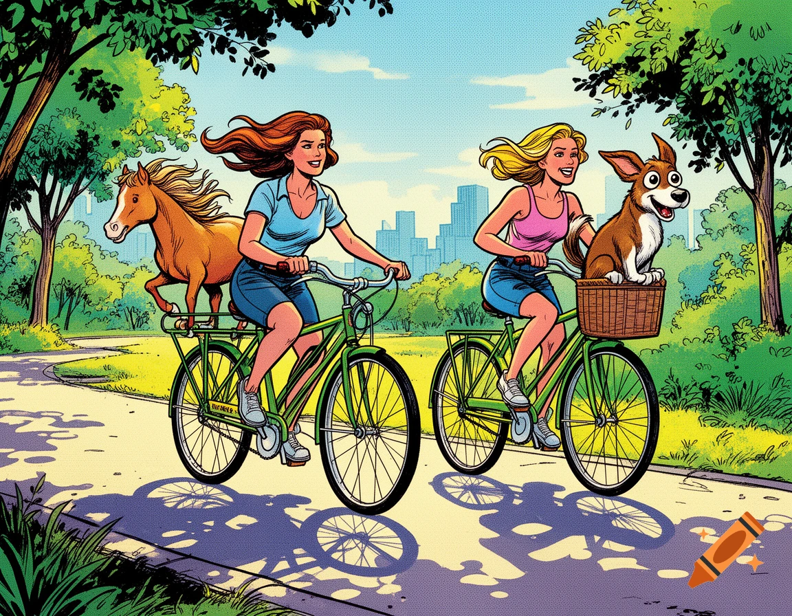 Two women ride green bicycles through a sunny park in comic book style. One has a horse on her rear rack, the other a dog in a front basket.